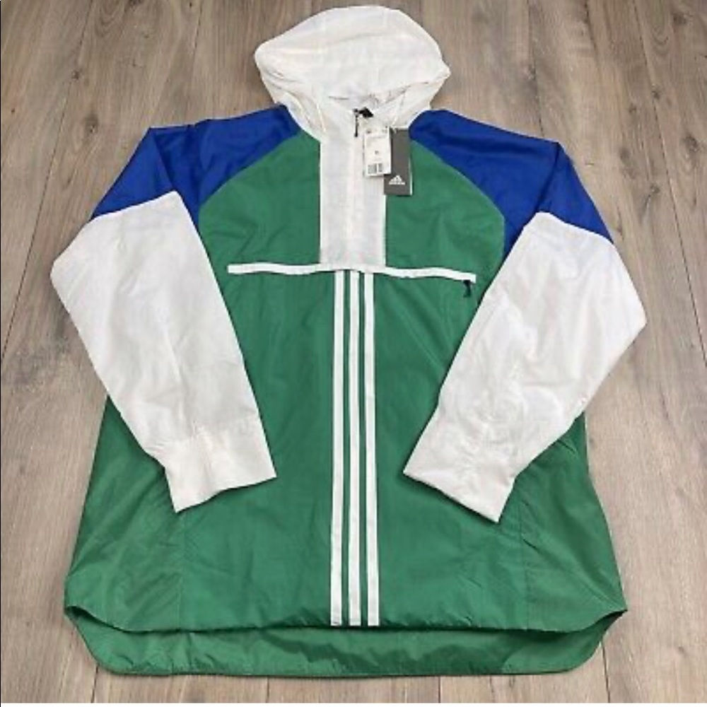 New Adidas Mens Blue/Green Hood Windbreaker Jacket